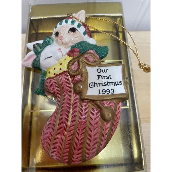 Fitz & Floyd Our 1st Xmas "Honey Bunnies" 1st Edition 1993 Ornament with Box - Picture 5 of 8